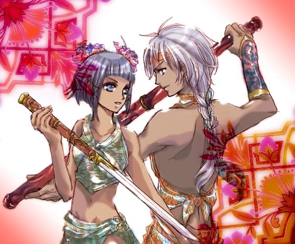 1boy, 1girl, couple, freyjadour_falenas, gensou_suikoden, gensou_suikoden_v, hetero, lyon, nagimaki, polearm, sarasa_misa, weapon