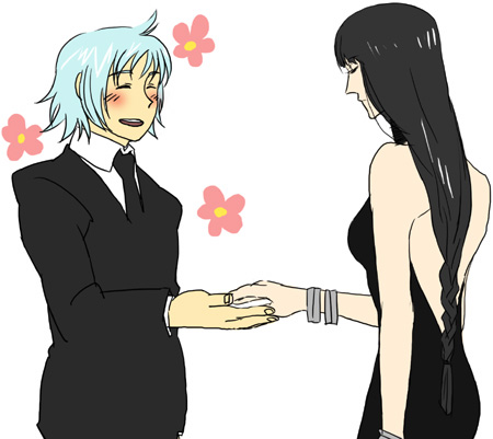 1boy, 1girl, black_hair, blush, bracelet, braid, closed_eyes, couple, dress, flower, formal, freyjadour_falenas, gensou_suikoden, gensou_suikoden_v, hetero, jewelry, kobu_(cobosu), long_hair, lowres, necktie, silver_hair, suit, zerase