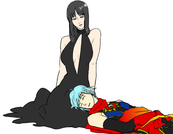 1boy, 1girl, black_hair, breasts, cleavage, couple, dress, elbow_gloves, freyjadour_falenas, gensou_suikoden, gensou_suikoden_v, gloves, headband, hetero, kobu_(cobosu), large_breasts, long_hair, looking_at_viewer, lying, scarf, silver_hair, sleeping, zerase