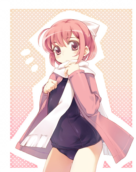 inado_serere, no_pants, one-piece_swimsuit, open_clothes, open_coat, original, scarf, school_swimsuit