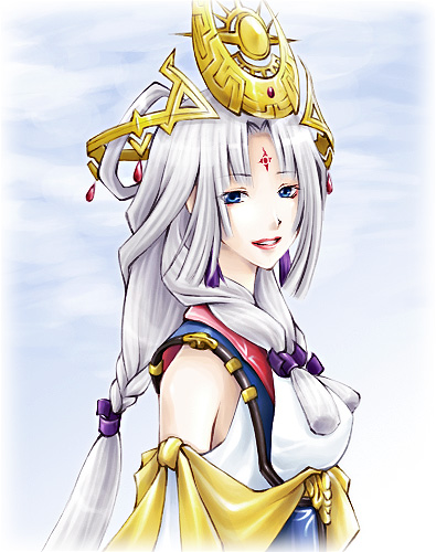 1girl, arshtat_falenas, blue_eyes, braid, breasts, cogwheel, crown, detached_sleeves