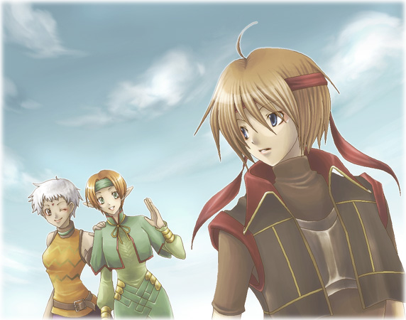 1boy, 2girls, bandanna, blonde_hair, cogwheel, elf, facial_mark, forehead_mark