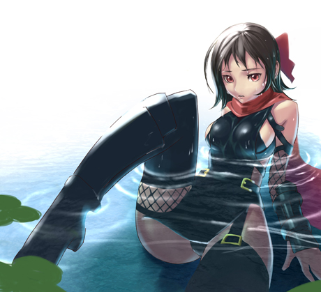 black_panties, bow, breasts, brown_hair, fishnets, garter_straps, high_heels, kawa_akira