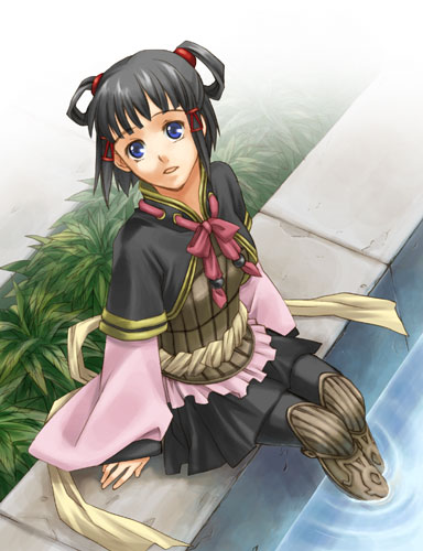 1girl, :d, armor, bangs, black_hair, blue_eyes, blunt_bangs, boots