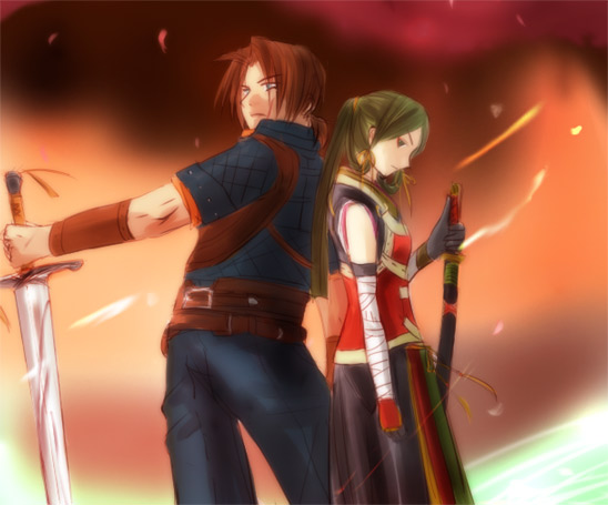 1boy, 1girl, belcoot, couple, gensou_suikoden, gensou_suikoden_v, green_hair, hazuki_(suikoden), hetero, sword, weapon