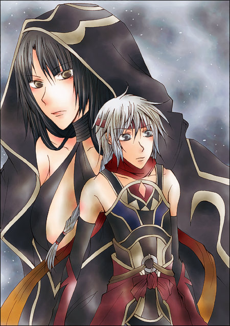 1boy, 1girl, akatsuki_choko, armor, bad_anatomy, belt, braid, breasts