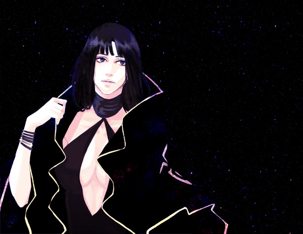 1girl, black, black_background, black_hair, bracelet, breasts, gensou_suikoden, gensou_suikoden_v