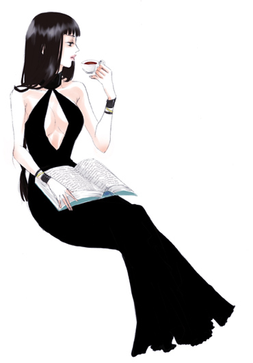 1girl, black_hair, book, breasts, cleavage, cup, dress, gensou_suikoden