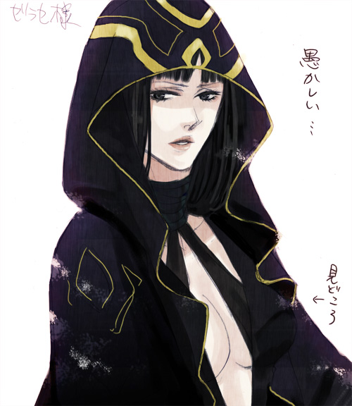 1girl, black_eyes, black_hair, breasts, choker, cleavage, cloak, collar