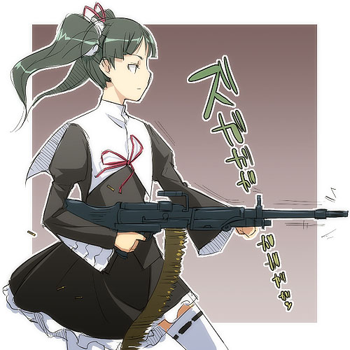 1girl, ammunition_belt, black_hair, coyote_ragtime_show, face, gun, kyo_(kuroichigo), lowres