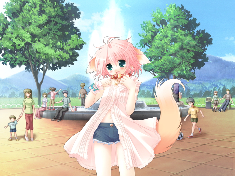 1girl, animal_ears, ball, blush, child, collar, cuffs, denim, denim_shorts, dog_ears, dog_tail, dress, fang, fountain, game_cg, navel, outdoors, petto, pink_hair, sakurazawa_izumi, short_hair, shorts, soccer_ball, solo, tail, tree, wanko, wanko_(wanko_to_lily), wanko_to_lily, water, wrist_cuffs