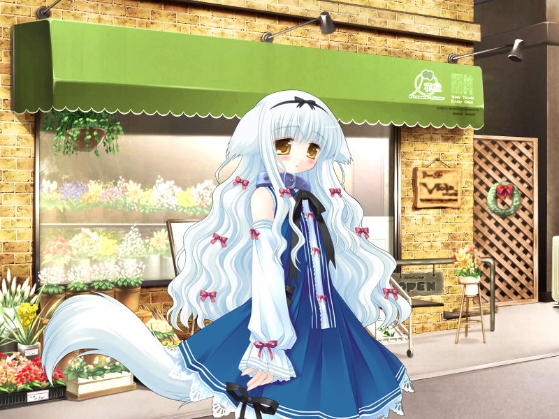 1girl, animal_ears, blue_hair, blush, bow, collar, cuffs, detached_sleeves