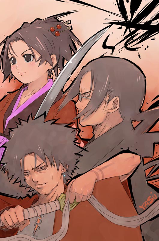 00s, 1girl, 2boys, fuu, japanese_clothes, jinnosuke, mugen, multiple_boys