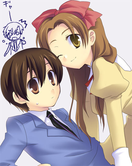 1boy, 2girls, androgynous, brown_hair, formal, fujioka_haruhi, hair_ribbon, houshakuji_renge