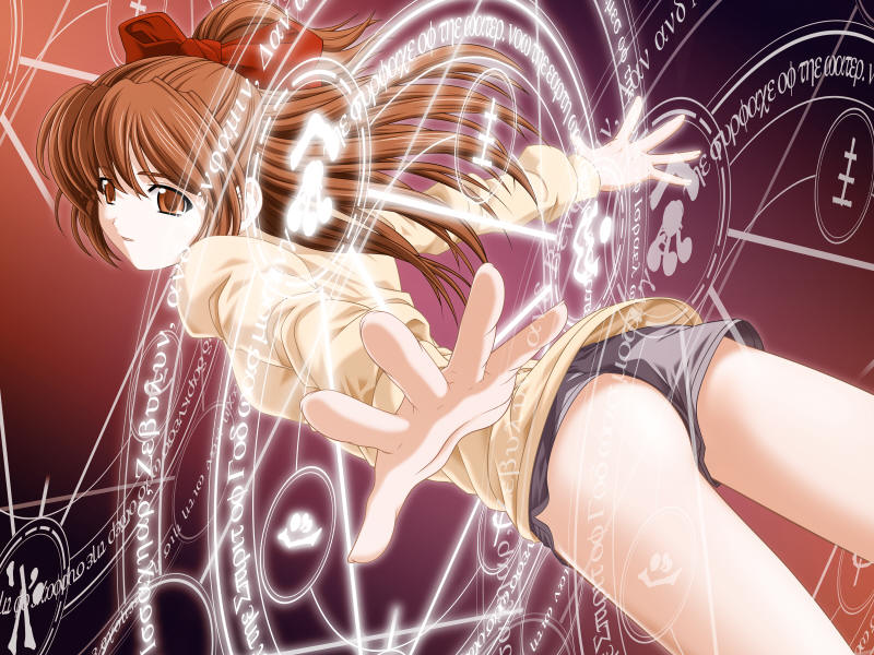 1girl, ass, brown_eyes, brown_hair, game_cg, kourin_tenshi_en_ciel_rena, long_hair, magic_circle, ribbon, saitou_natsuki, solo, triangle_(company)