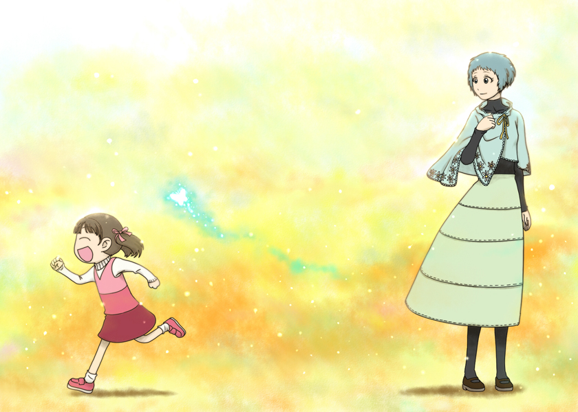 brown_hair, butterflies, butterfly, c_(neta), child, doujima_nanako, happy, pantyhose
