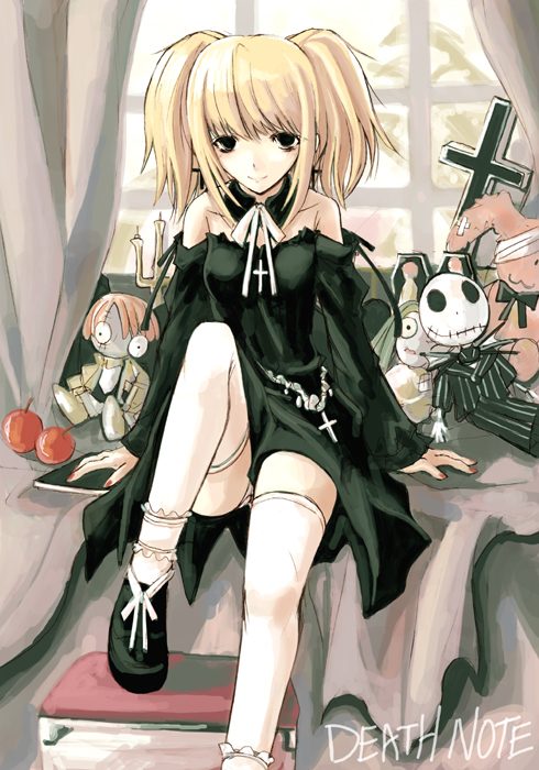 1girl, amane_misa, apple, bare_shoulders, black_eyes, blonde_hair, book, bow