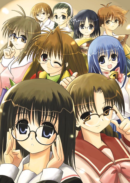 00s, 6+girls, adjusting_glasses, aihara_mizuho, animal_ears, antenna_hair, bell, bespectacled