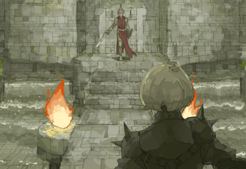 ahoge, armor, battle, blonde_hair, duel, dungeon, final_fantasy, final_fantasy_tactics