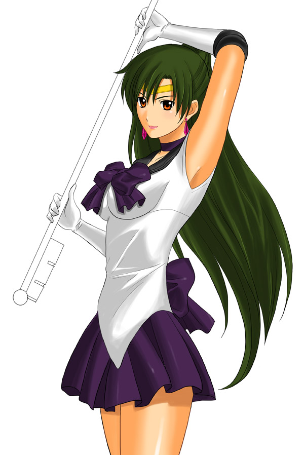 1girl, 90s, armpits, arms_up, bishoujo_senshi_sailor_moon, black_bow, bow, breasts, brown_eyes, earrings, elbow_gloves, gloves, green_hair, hair_bun, half_updo, jewelry, long_hair, magical_girl, meiou_setsuna, sailor_pluto, school_uniform, serafuku, solo, staff, tiara, tosibow, white_background