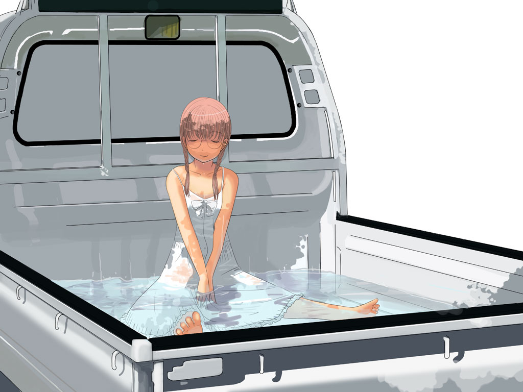 1girl, barefoot, braid, brown_hair, closed_eyes, dress, glasses, ground_vehicle