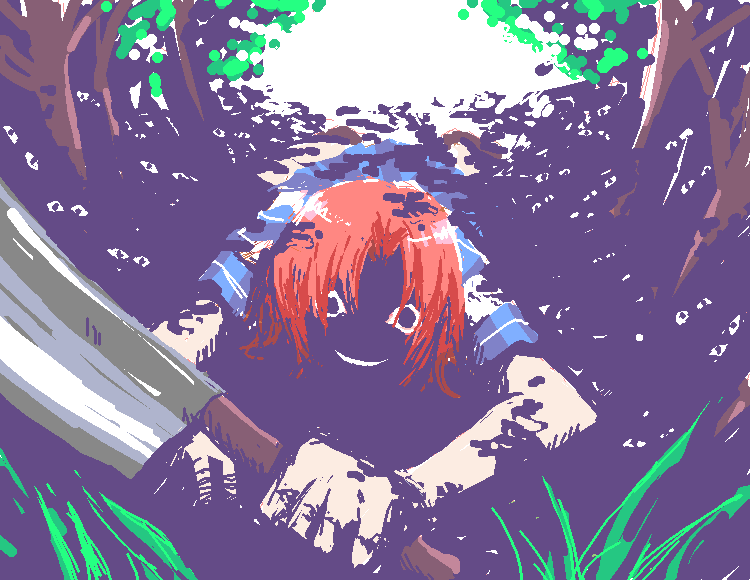1girl, atsumuchi, bad_id, billhook, crazy_eyes, creepy, dark, hatchet