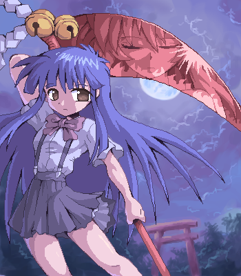 1girl, furude_rika, hanyuu, higurashi_no_naku_koro_ni, kurogarasu, lowres, scythe, suspenders