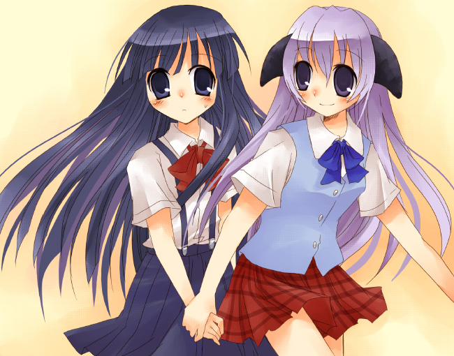 2girls, bad_anatomy, blue_hair, blush, bow, floating_hair, furude_rika, hand_holding
