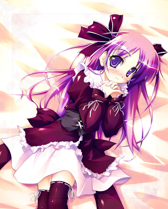 1boy, :3, bed, blush, dress, frills, hair_ribbon, hands_clasped