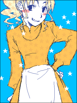 00s, 1boy, :d, apron, blonde_hair, blue_background, blue_eyes, blush