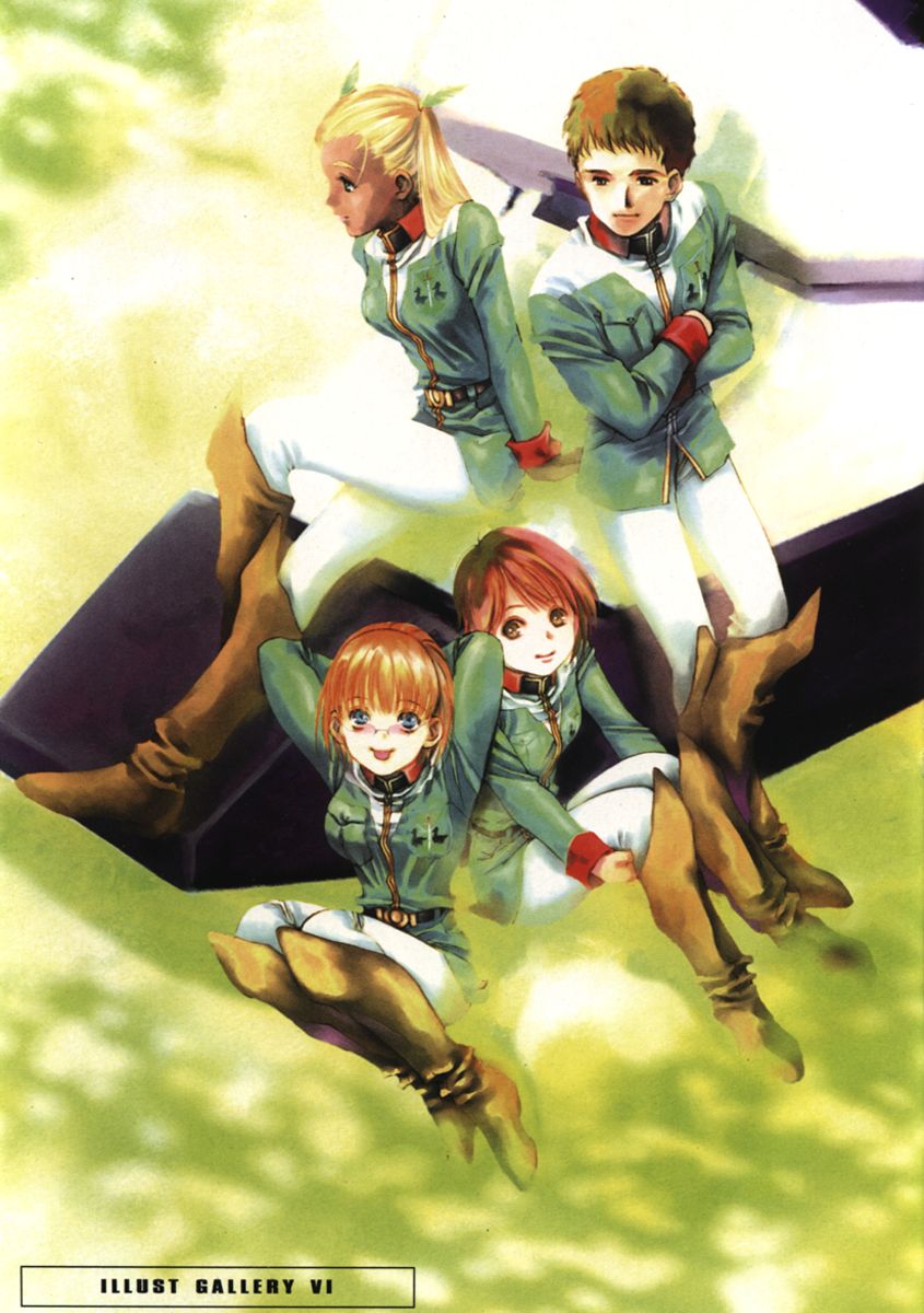 1boy, 3girls, :p, arms_up, asuna_elmarit, belt, blonde_hair, blue_eyes
