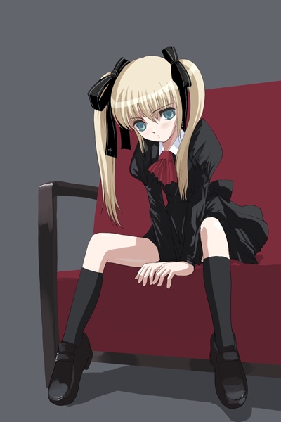 1girl, ascot, black_dress, black_legwear, blonde_hair, blue_eyes, bow, couch