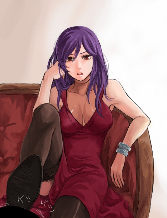 androgynous, crossdressing, crossdressinging, dress, gundam, gundam_00, mishima_ssuru, open_mouth, purple_hair, red_dress, thigh-highs, thighhighs, tieria_erde, trap