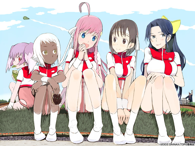 5girls, ahoge, amano_kazumi, chiko, crossover, dark_skin, gainaxtop, lal'c_mellk_mal, leotard, multiple_girls, nono_(top_wo_nerae_2!), okama, takaya_noriko, time_paradox, top_wo_nerae!, top_wo_nerae_2!, tycho_science