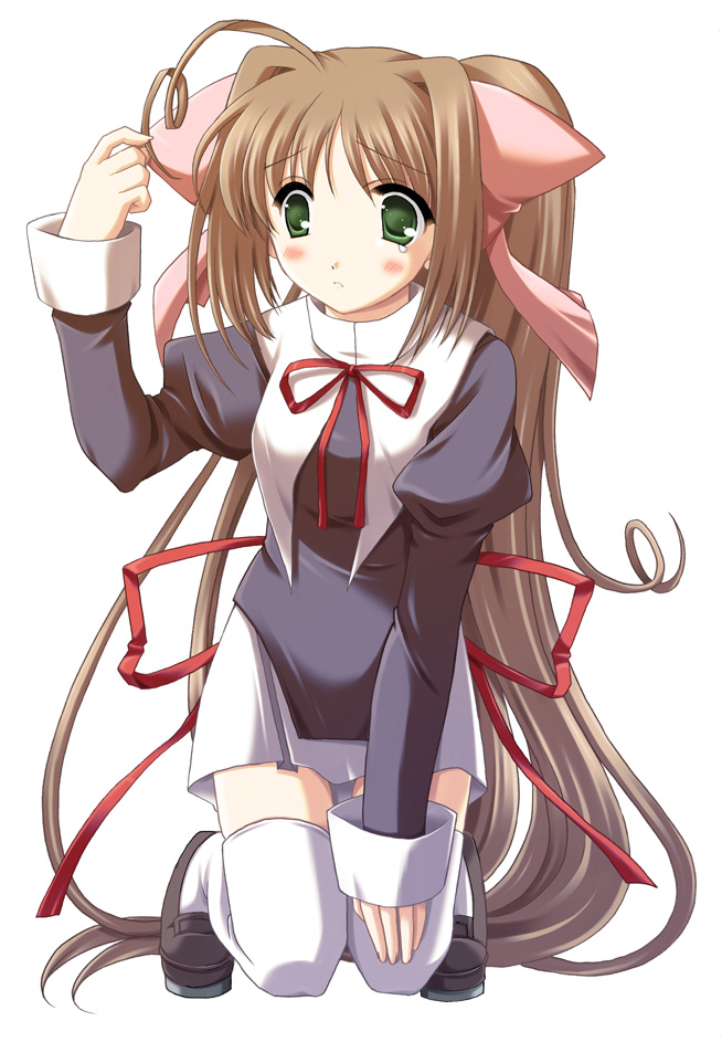 120_en_no_haru, 120_yen_stories, 1girl, ahoge, bow, green_eyes, long_hair, natsumi_(120_yen), odawara_hakone, pink_bow, red_ribbon, ribbon, solo, thigh-highs, very_long_hair, white_legwear, zettai_ryouiki