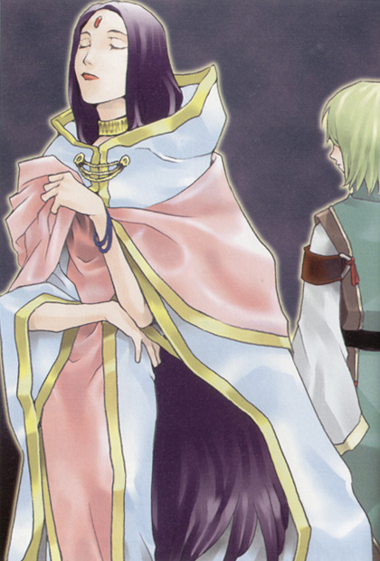 1boy, 1girl, blonde_hair, brooch, cloak, closed_eyes, facial_mark, gensou_suikoden