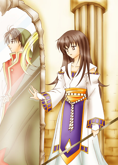 1boy, 1girl, brick_wall, brown_hair, collarbone, column, detached_sleeves, different_reflection