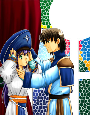1boy, 1girl, couple, gensou_suikoden, gensou_suikoden_iii, hetero, lowres, mosaic_background