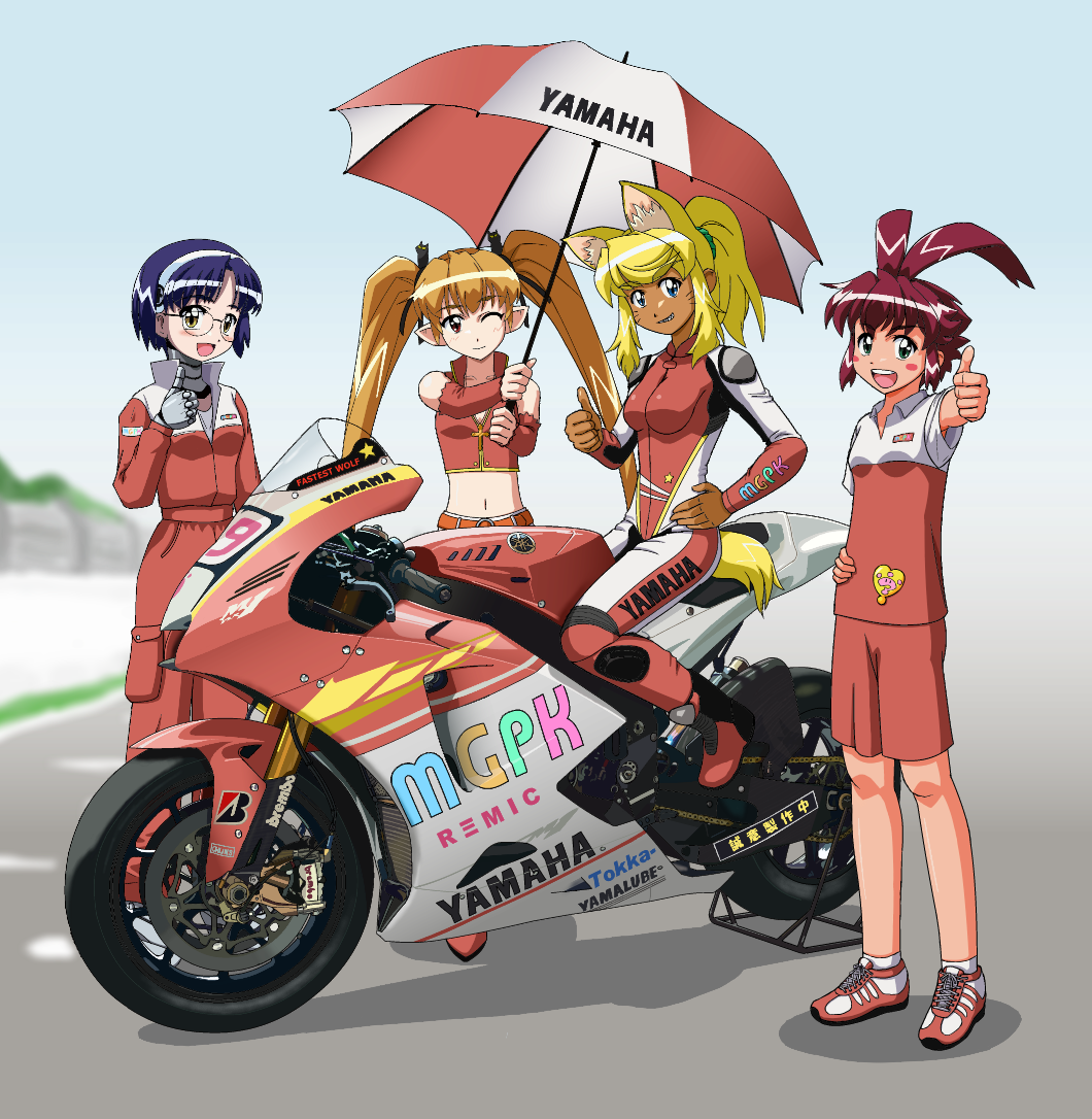 android, animal_ears, antenna_hair, bad_id, bikesuit, blonde_hair, blue_eyes, blue_hair, dark_skin, everyone, glasses, green_eyes, hairband, liru, long_hair, midriff, motor_vehicle, motorcycle, navel, pachira, red_eyes, red_hair, redhead, renkin_san-kyuu_magical_pokaan, short_hair, tail, thumbs_up, tokka, twintails, uma, umbrella, vehicle, wink, wolf_ears, yellow_eyes