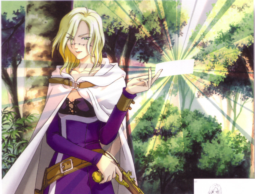 1girl, 90s, antique_firearm, belt, blonde_hair, cape, dress, elza
