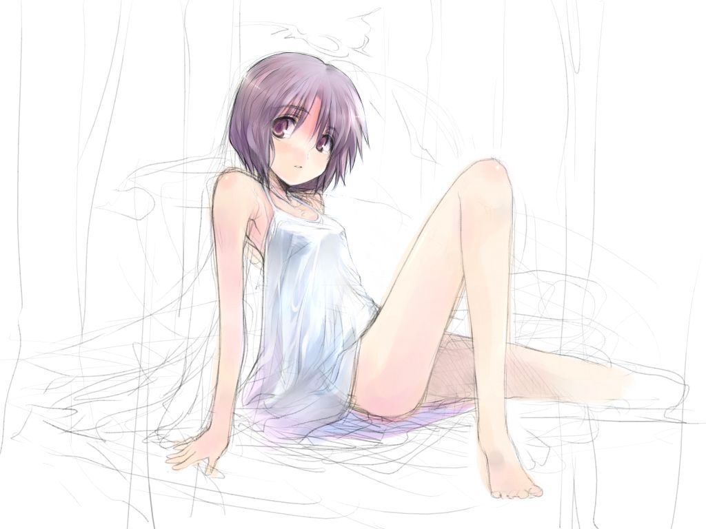 1girl, bare_shoulders, barefoot, brown_eyes, chemise, hara_takehito, original, parted_lips