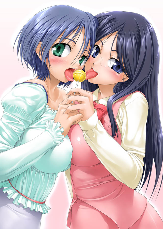 1lollipop, 2girls, blue_eyes, blue_hair, blush, breast_press, breasts, business_suit