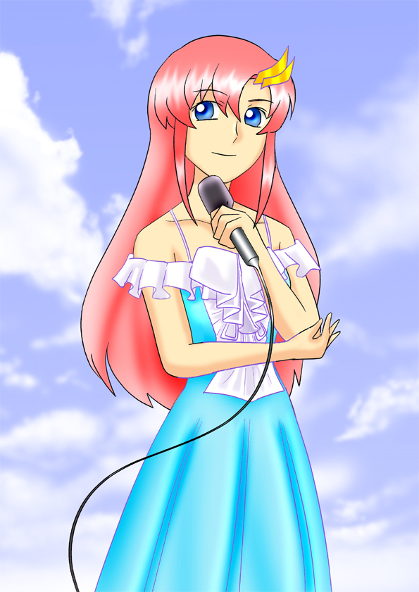 00s, 1girl, bare_shoulders, blue_dress, blue_eyes, blue_sky, collarbone, dress, expressionless, gundam, gundam_seed, gundam_seed_destiny, lacus_clyne, long_hair, microphone, pink_hair, psycha_(artist), sky, sleeveless, sleeveless_dress, solo, standing
