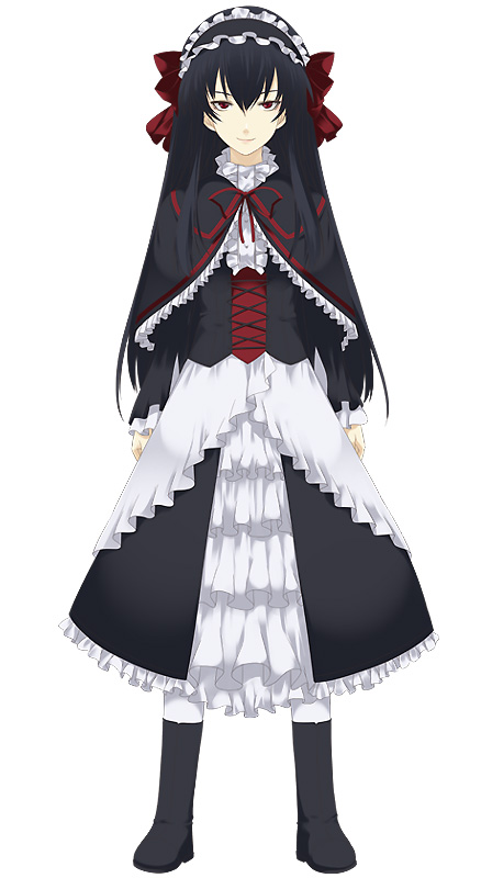 1girl, april, april_(coyote_ragtime_show), black_boots, black_hair, boots, coyote_ragtime_show, dress, frills, gothic, hair_ribbon, hairband, long_hair, mizuki_makoto, neck_ribbon, pantyhose, red_eyes, ribbon, simple_background, smile, solo, standing, white_background, white_legwear