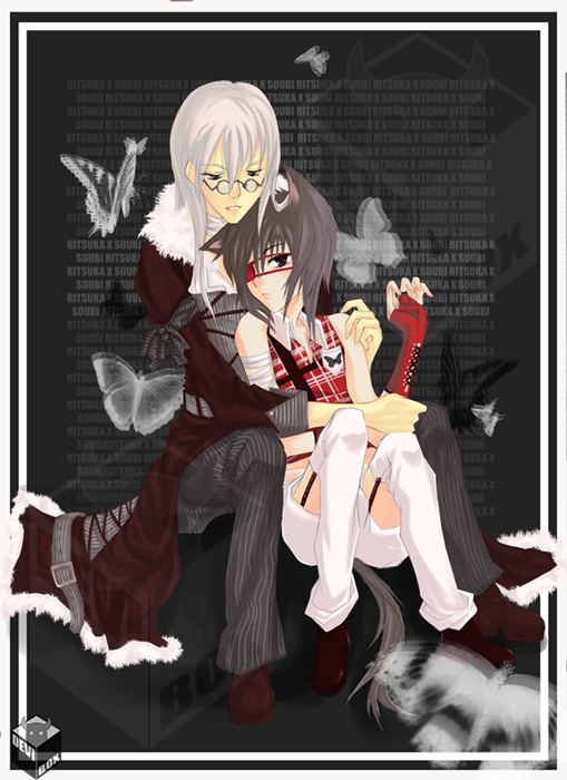 2boys, agatsuma_soubi, animal_ears, aoyagi_ritsuka, bandage, bridal_gauntlets, butterfly, draa