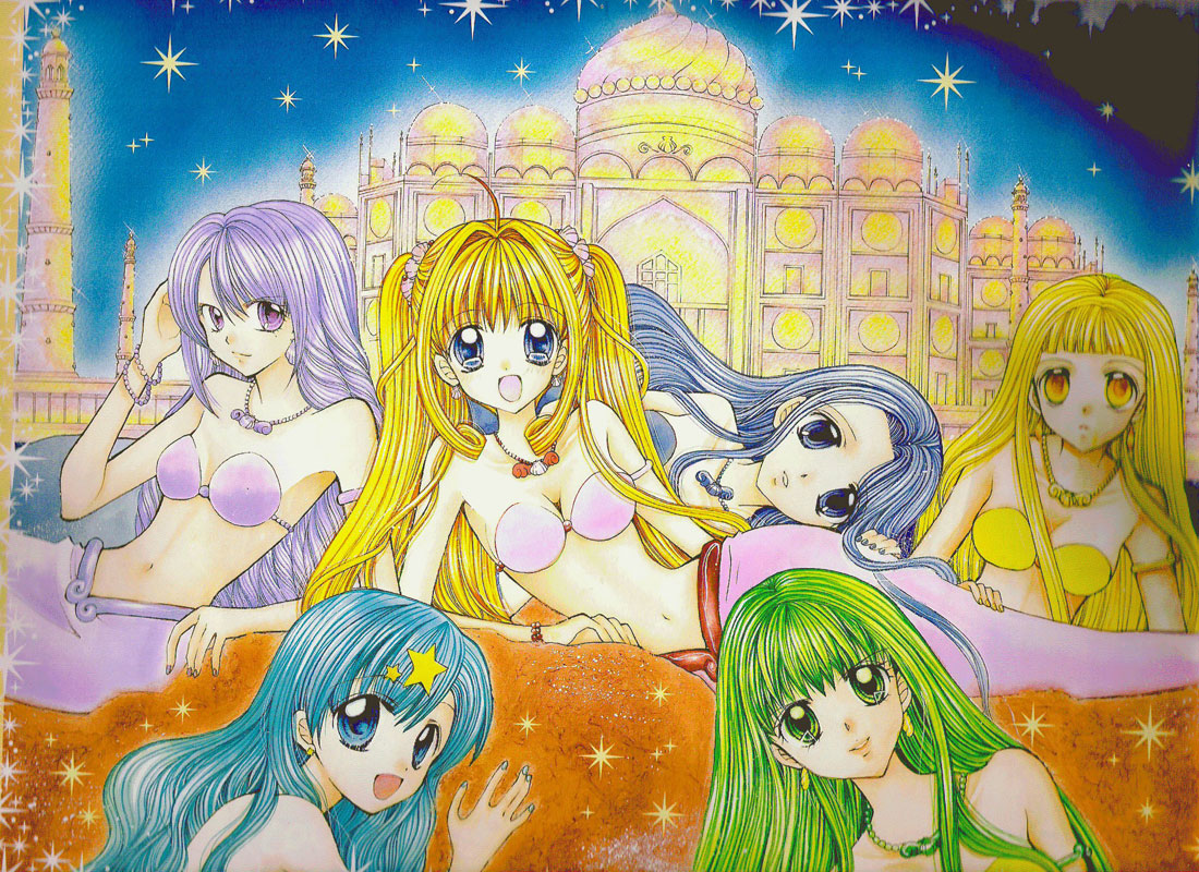 00s, 6+girls, :d, adjusting_hair, ahoge, armlet, bangs, bikini