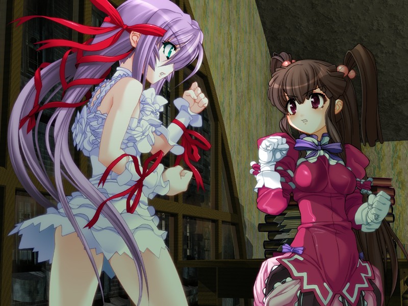 00s, 2girls, al_azif, blush, brown_hair, clenched_teeth, demonbane, flat_chest