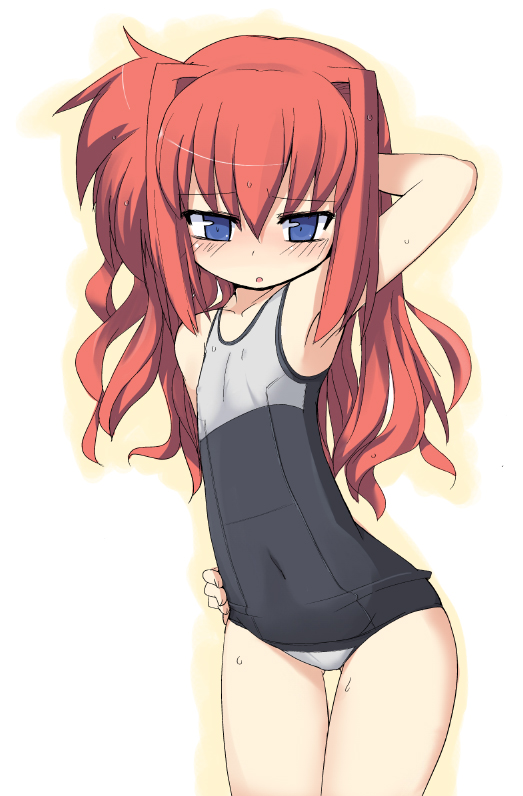 1girl, armpit, blue_eyes, blush, female, flat_chest, long_hair, lyrical_nanoha, mahou_shoujo_lyrical_nanoha, mahou_shoujo_lyrical_nanoha_a's, mamo_williams, one-piece_swimsuit, posing, redhead, school_swimsuit, simple_bakground, solo, swimsuit, vita