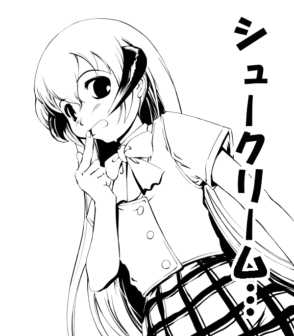 1girl, greyscale, hanyuu, higurashi_no_naku_koro_ni, horns, kyoutarou, monochrome, school_uniform
