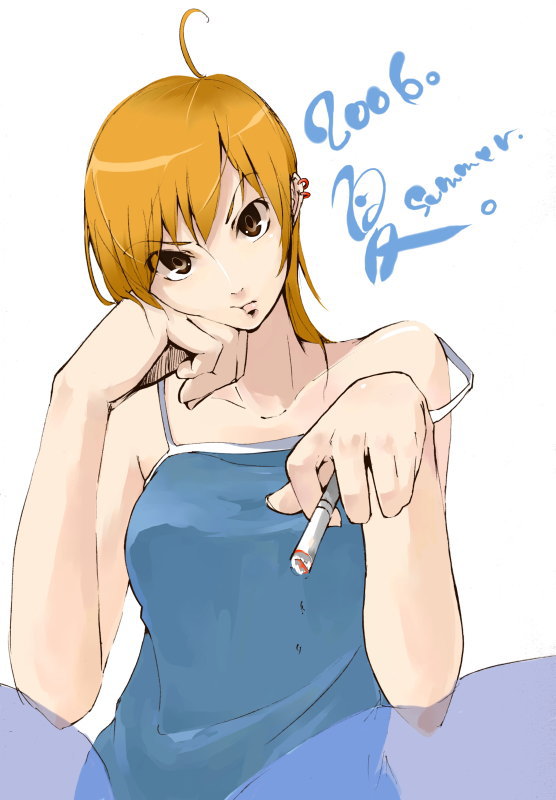 1girl, ahoge, camisole, cigarette, original, solo, yamamoto_enji